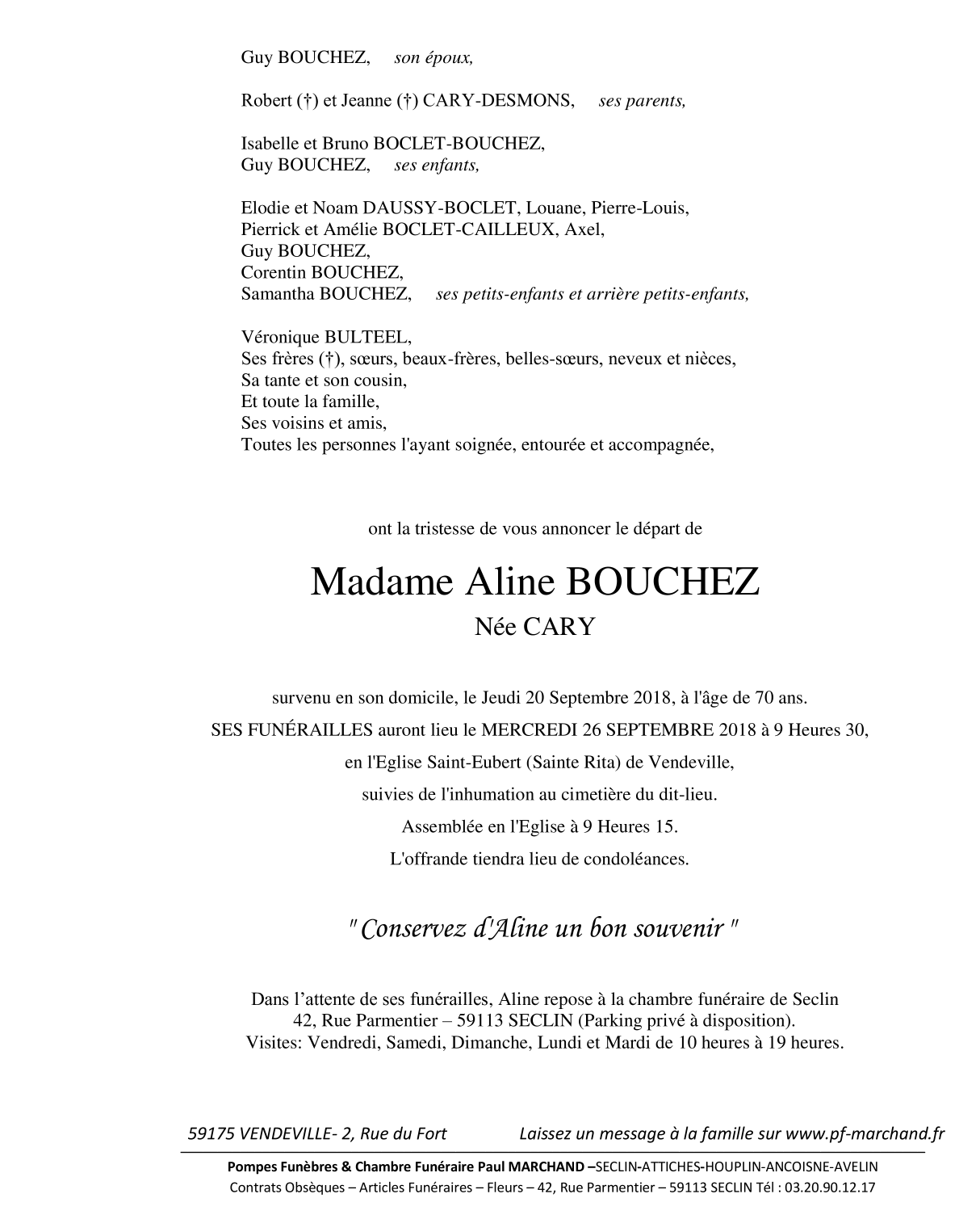 Décès De Madame Aline Bouchez Née Cary 20092018 Pour Voir Le Faire Part Daline Cliquez Ici 6373